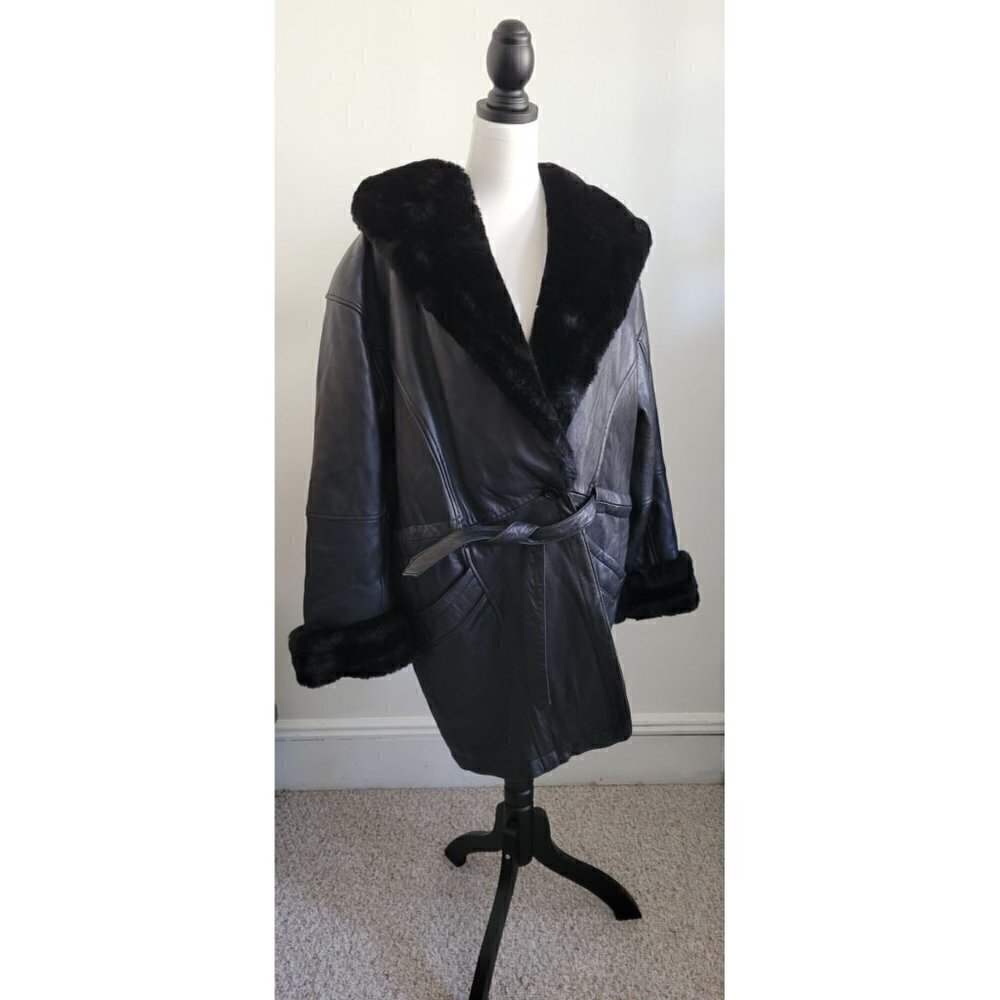 Rare Vintage Genuine Leather Fur Black Belted Hood Coat Jacket Women Size L - Picture 2 of 14